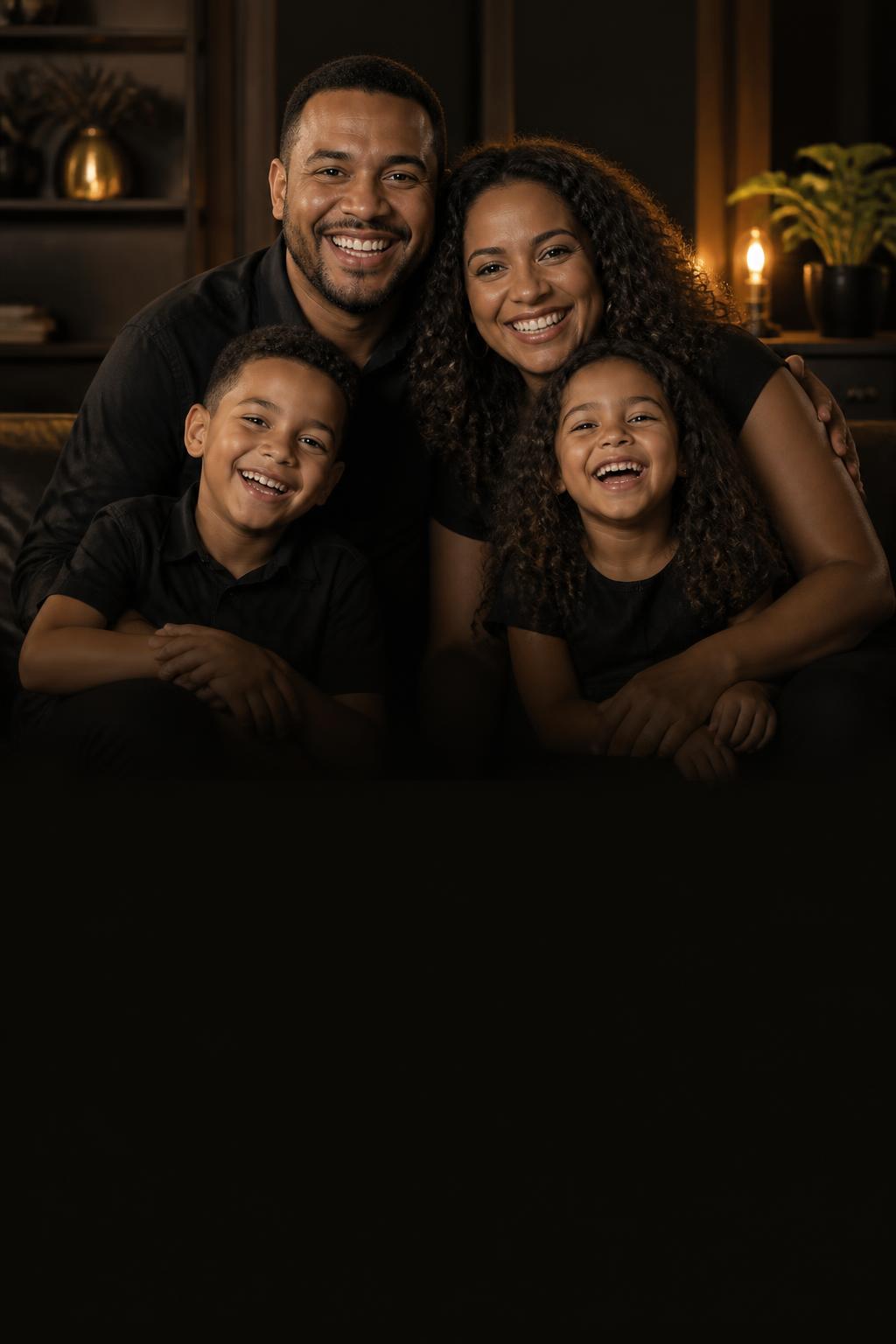 Família cristã reunida, sorrindo e abraçada, em um momento de alegria e comunhão