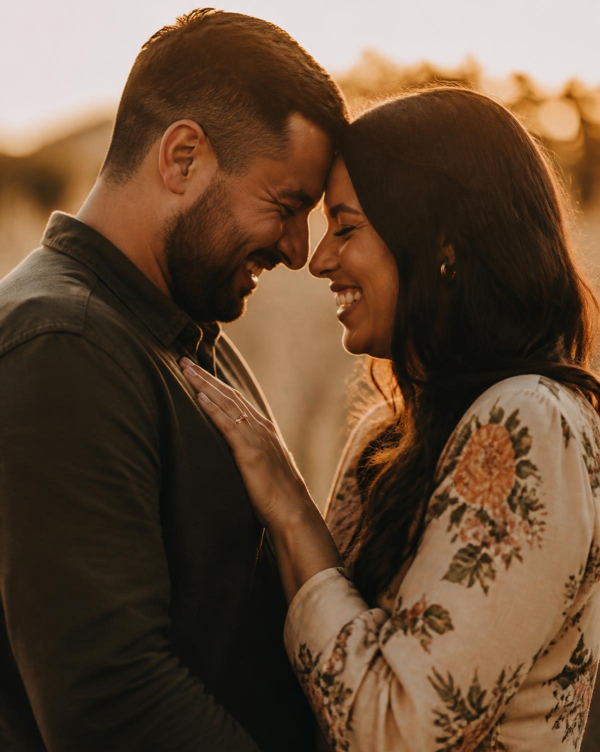 Casal sorrindo com as testas encostadas, em luz dourada
