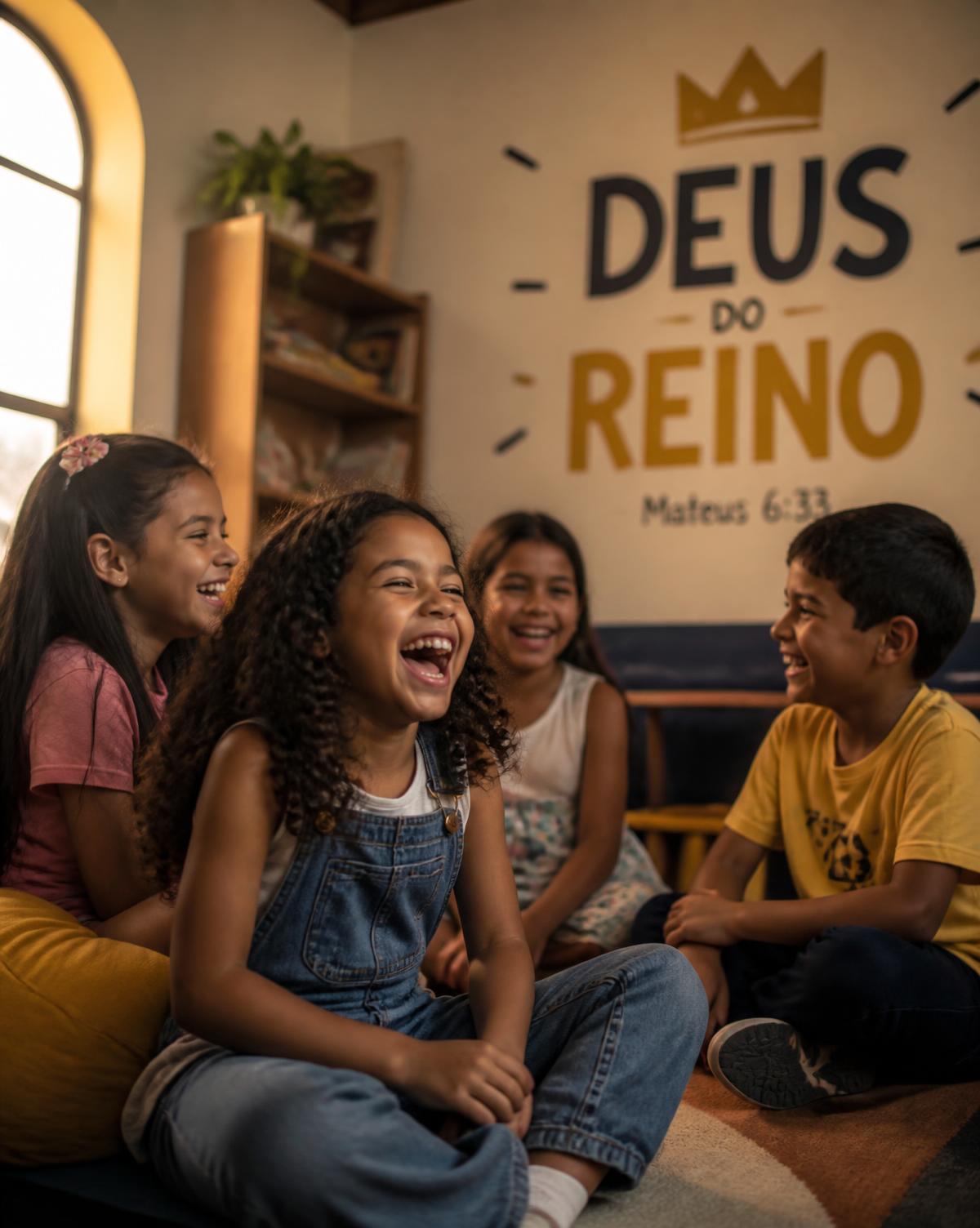 Crianças rindo juntas em uma sala acolhedora da igreja