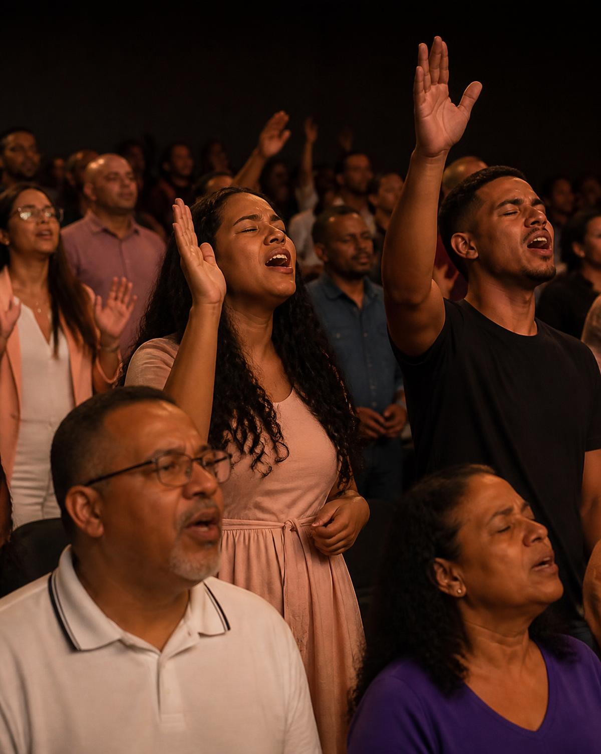 Congregação cantando em adoração com as mãos levantadas